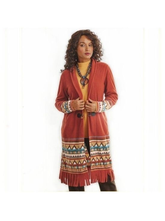 Koret Jackets & Blazers - Koret Fringe Fleece Southwestern Toggle Button Longline Duster Jacket Size PS